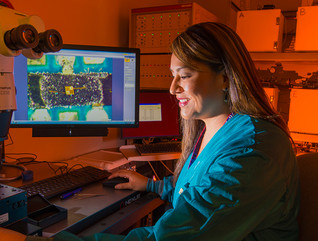 Sandia National Laboratories researcher Rachelle Thompson inspects an electronic device that’s part of a 30-year Sandia program to look at how environments, including radiation from a nuclear weapon itself, could affect the performance of electronics inside a W76-1 warhead. The study, begun in 2006, will provide real-time data for the first time on how electronics age within a weapon.