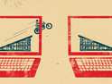 Red and dark yellow illustration of two open laptops