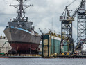 The U.S. Navy guided missile destroyer USS Ramage (DDG-61) in a floating dry dock at the Norfolk Naval Shipyard, Virginia (USA), on 25 May 2012.