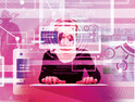 Federal website consolidation illustration with someone behind a computer screen