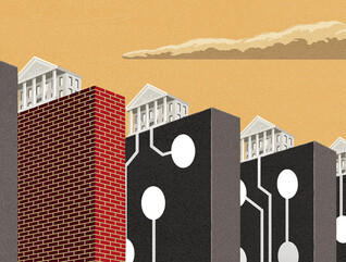 Illustration of a building atop dominos