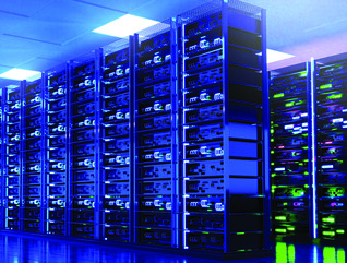 Modern server room interior with super computers and neon lightings