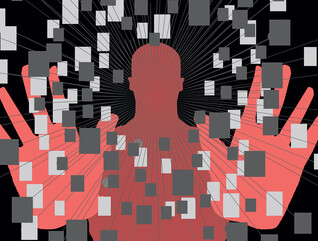 Illustration of red figure surrounded by pixels