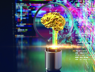 Illustration of golden brain against pixelated backdrop