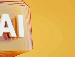 Artificial Intelligence symbol in front of layered and twisted glass squares on orange background
