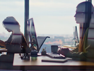 Busy corporate office silhouettes