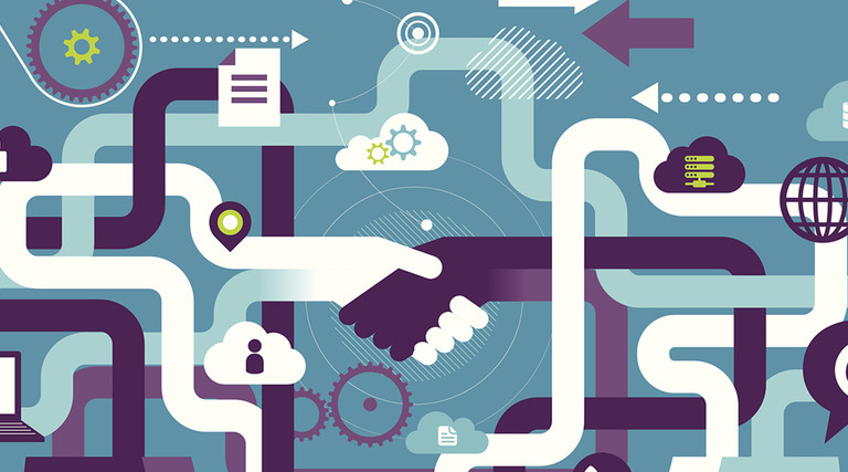 Cloud computing collaboration illustration with hands shaking and computers