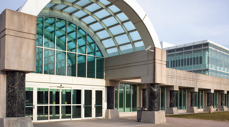 The entrance to the CIA New Headquarters Building (NHB) of the George Bush Center for Intelligence