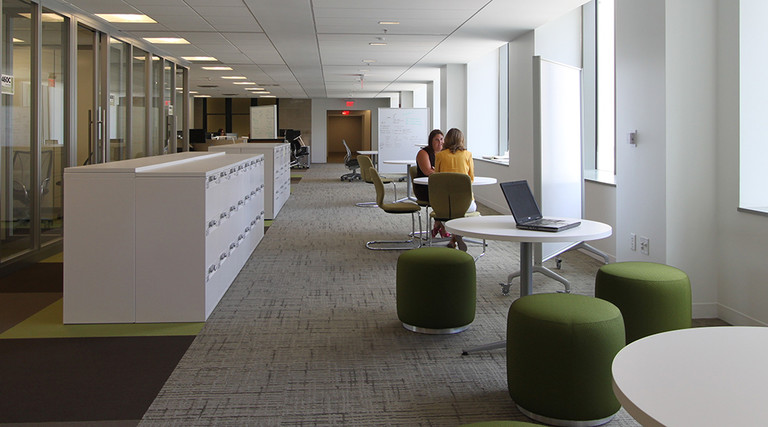 Remodeled open workspaces inside the General Services Administration headquarters in Washington, D.C.