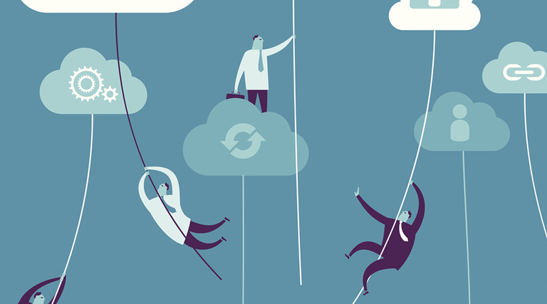 Cloud computing illustration with little men singing from cloud to cloud on ropes