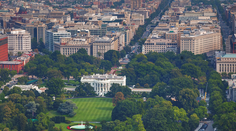 Aerial view of Washington, D.C., by the White House and downtown 