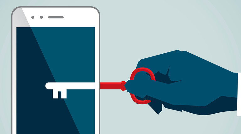 Mobile security illustration of a hand with a key reaching into a smartphone 