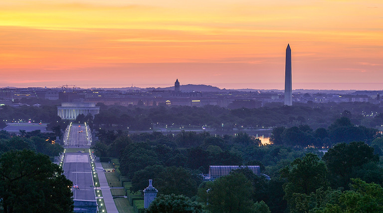 A view of Washington, DC, at sunrise from Arlington, Virginia 