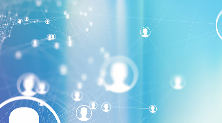 Identity management illustration with individual social network people icons on a blue and purple background 