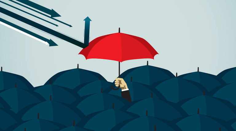 Security protection illustration with an umbrella hitting away arrows 