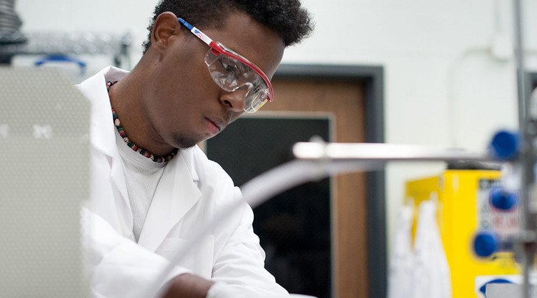 University of Connecticut undergraduate Nico Wright at work in Professor Michael Pettes' mechanical engineering laboratory. 