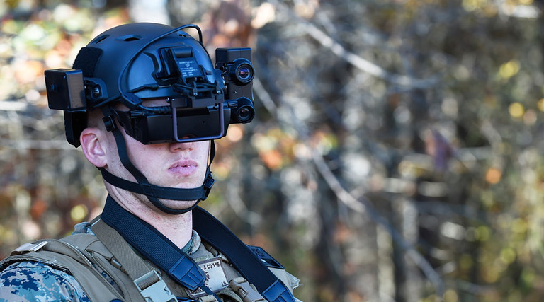A student in the Marine Corps infantry officer course uses the Office of Naval Research-funded Augmented Immersive Team Trainer (AITT) during testing held at Quantico, Va.