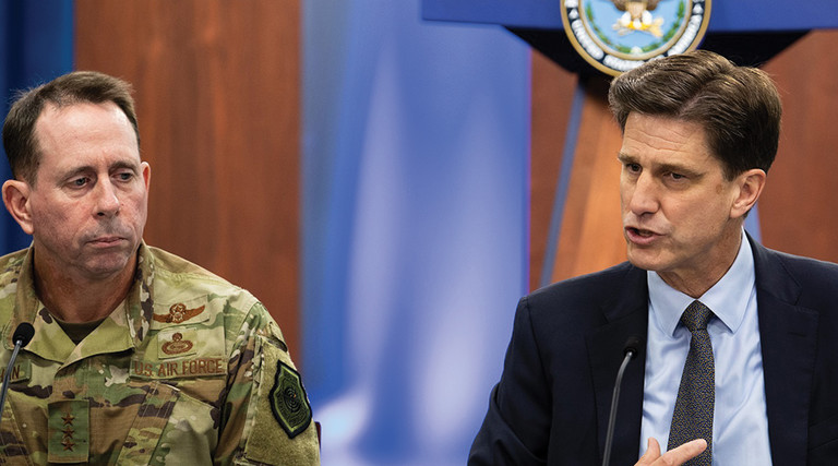 Defense Department CIO Dana Deasy, right, and Air Force Lt. Gen. Jack Shanahan, director of the Joint Artificial Intelligence Center, host a roundtable discussion on the enterprise cloud initiative with reporters at the Pentagon, Aug. 9, 2019. 