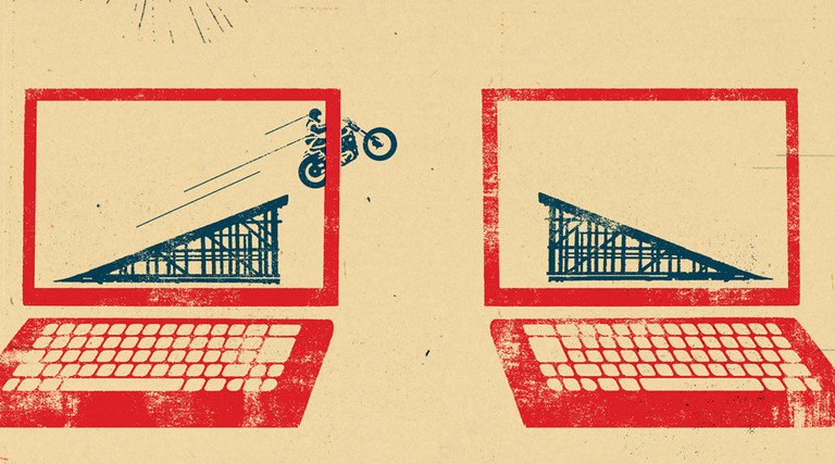 Red and dark yellow illustration of two open laptops