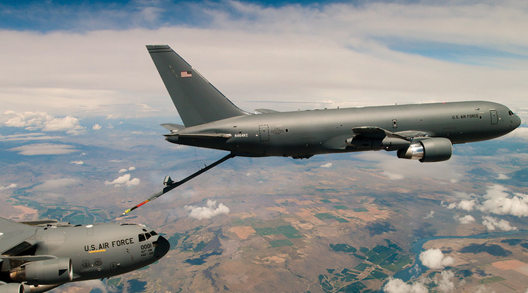 A KC-46 Pegasus refueling tanker conducts receiver compatibility tests with a C-17 Globemaster III from Joint Base Lewis-McChord. 