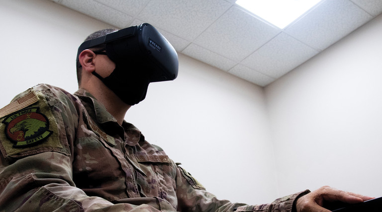An Airman from the 6th Air Refueling Wing participates in a Virtual Reality suicide prevention training at MacDill Air Force Base, Florida, on Sept. 29, 2021. 