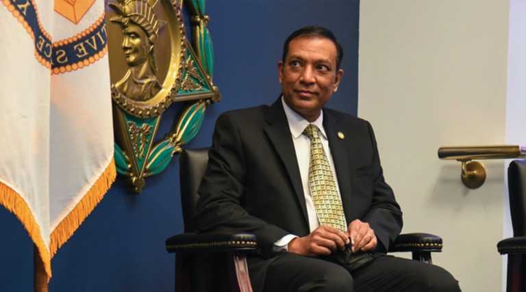 Army CIO Dr. Raj Iyer seen at the Pentagon’s Hall of Heroes Dec. 15, 2020, to recognize Farhan Khan for his new role as Director of Architecture, Data and Standards.