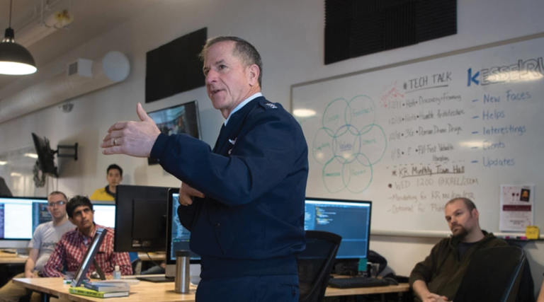 Former Air Force Chief of Staff Gen. David L. Goldfein addresses members of the Project Kessel Run team during a visit in Boston Dec. 6, 2018. 