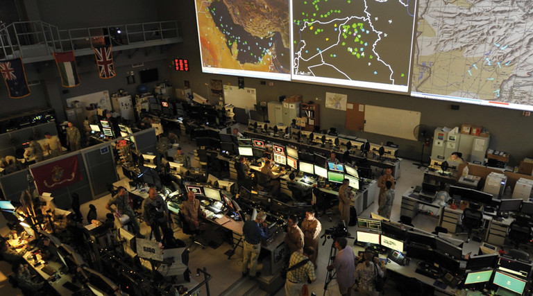 Combined Air Operations Center (CAOC) at Al Udeid Air Base, Qatar, provides command and control of air power throughout Iraq, Syria, Afghanistan, and 17 other nations. 