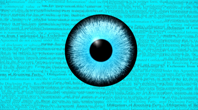 Blue eyeball illustration showing that Algorithms scan complicated documents for important details quicker than the human eye.
