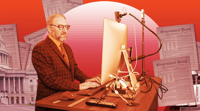 Illustration of Hugh Halpern, Director, Government Publishing Office, at a computer