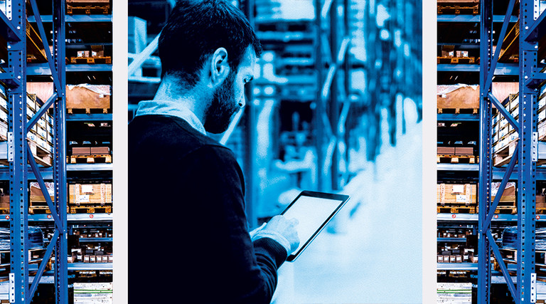 Supply chain and boxes in a warehouse illustration along with a man on a tablet