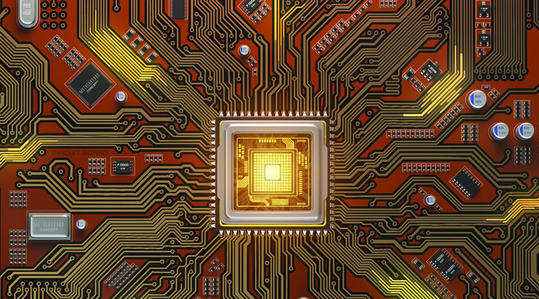 computer chip on a mother board