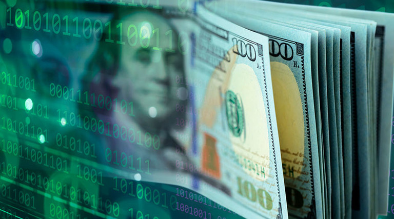 100 dollar bills surrounded by computer code