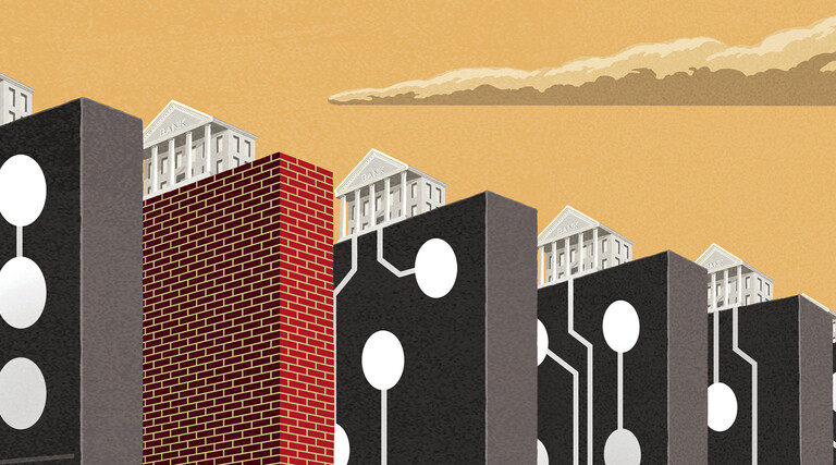 Illustration of a building atop dominos