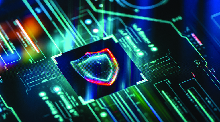 A shield symbol amid circuits