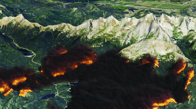 An NVIDIA Omniverse digital twin modeling a wildfire
