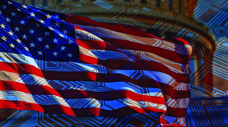 Motherboard with USA flag in the background