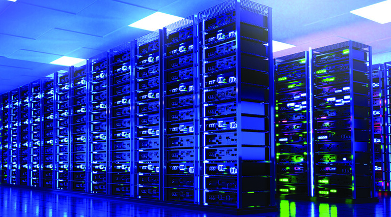 Modern server room interior with super computers and neon lightings