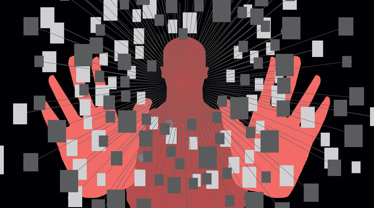 Illustration of red figure surrounded by pixels