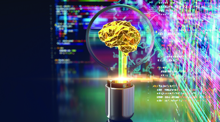 Illustration of golden brain against pixelated backdrop