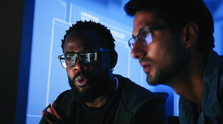 Colleagues reviewing information on computer
