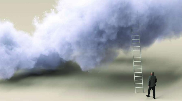 Illustration of person climbing ladder to a cloud