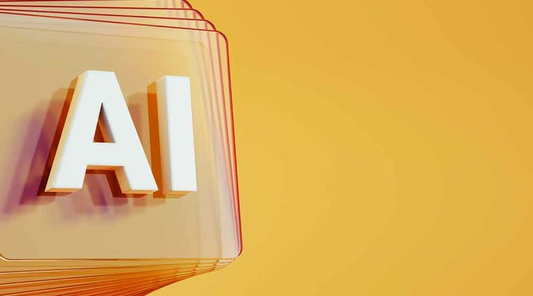 Artificial Intelligence symbol in front of layered and twisted glass squares on orange background