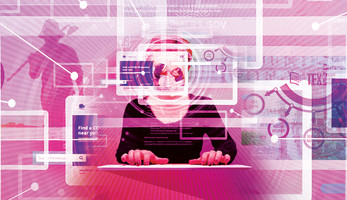Federal website consolidation illustration with someone behind a computer screen