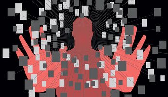 Illustration of red figure surrounded by pixels