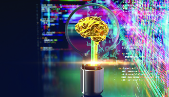 Illustration of golden brain against pixelated backdrop