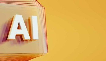 Artificial Intelligence symbol in front of layered and twisted glass squares on orange background