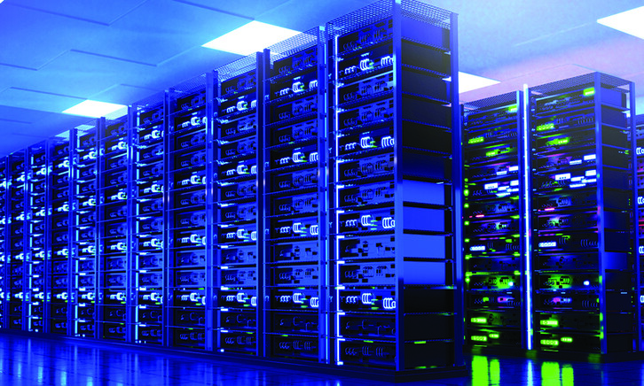 Modern server room interior with super computers and neon lightings