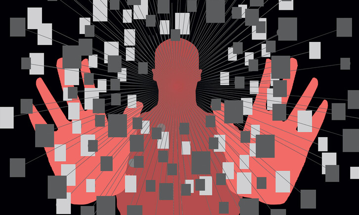Illustration of red figure surrounded by pixels
