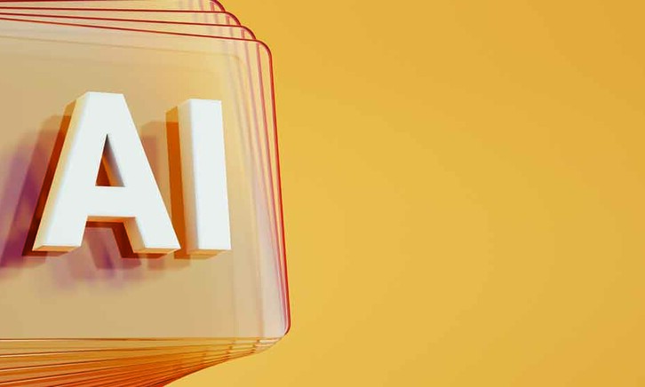 Artificial Intelligence symbol in front of layered and twisted glass squares on orange background